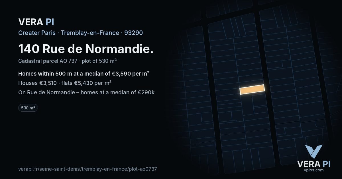 140 Rue de Normandie, Tremblay-en-France at night – the plot lit, the parcels around coloured by the prices near them