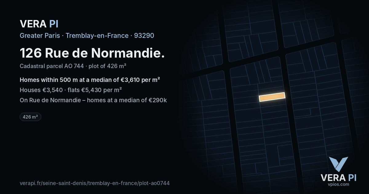 126 Rue de Normandie, Tremblay-en-France at night – the plot lit, the parcels around coloured by the prices near them