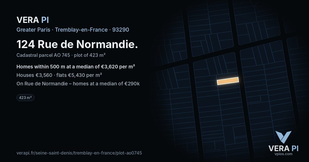 124 Rue de Normandie, Tremblay-en-France at night – the plot lit, the parcels around coloured by the prices near them