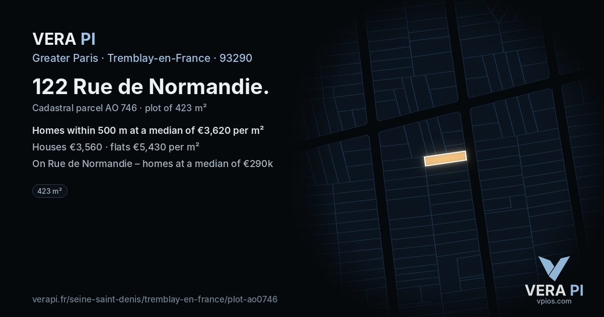 122 Rue de Normandie, Tremblay-en-France at night – the plot lit, the parcels around coloured by the prices near them
