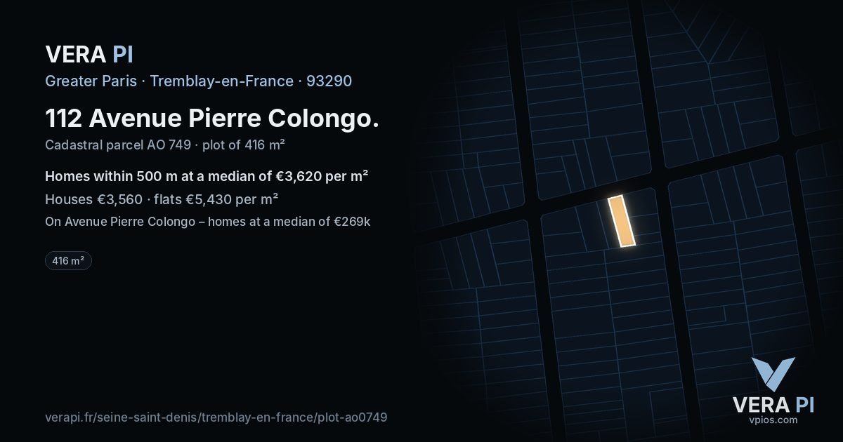 112 Avenue Pierre Colongo, Tremblay-en-France at night – the plot lit, the parcels around coloured by the prices near them