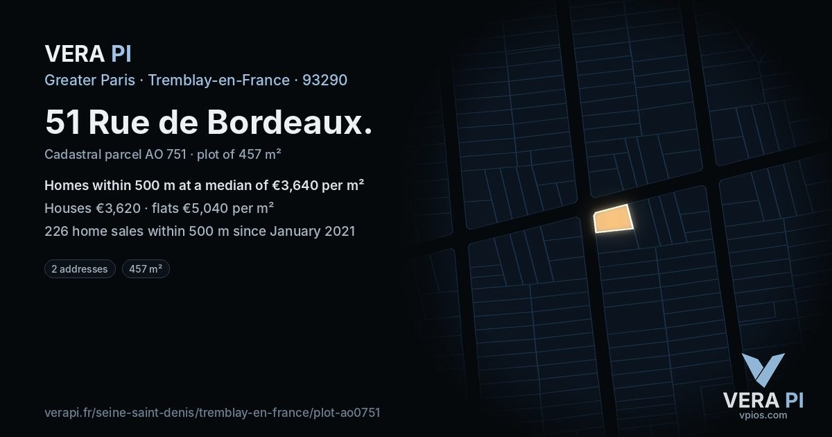 51 Rue de Bordeaux, Tremblay-en-France at night – the plot lit, the parcels around coloured by the prices near them