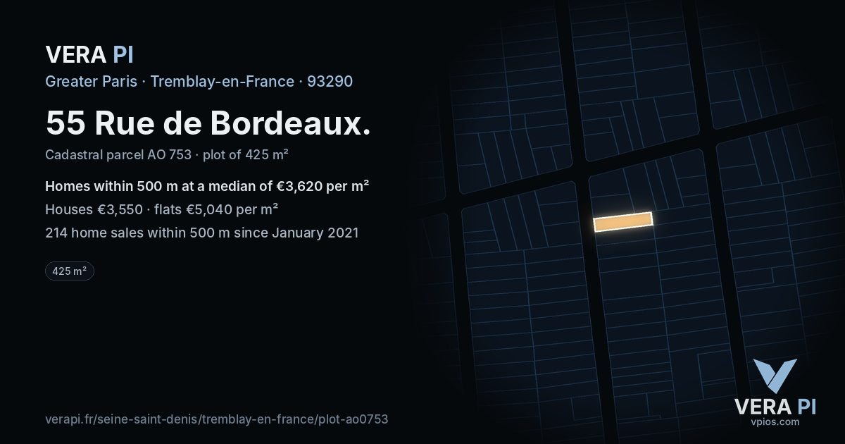 55 Rue de Bordeaux, Tremblay-en-France at night – the plot lit, the parcels around coloured by the prices near them