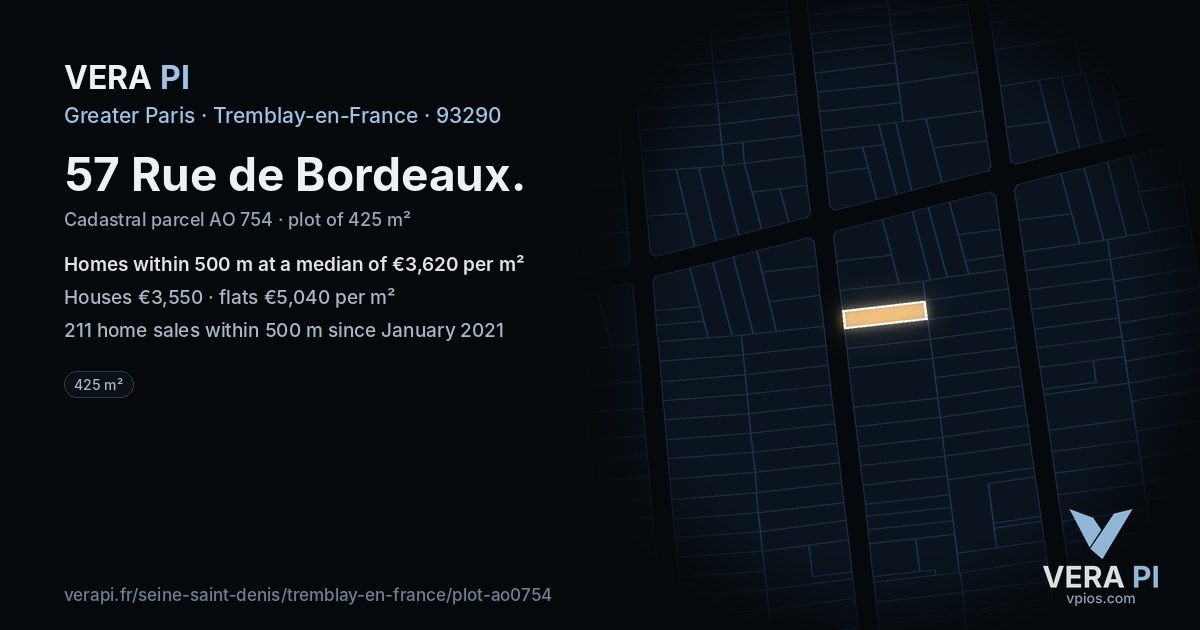 57 Rue de Bordeaux, Tremblay-en-France at night – the plot lit, the parcels around coloured by the prices near them