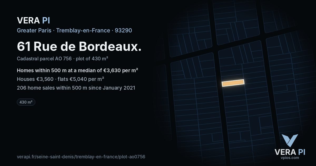 61 Rue de Bordeaux, Tremblay-en-France at night – the plot lit, the parcels around coloured by the prices near them