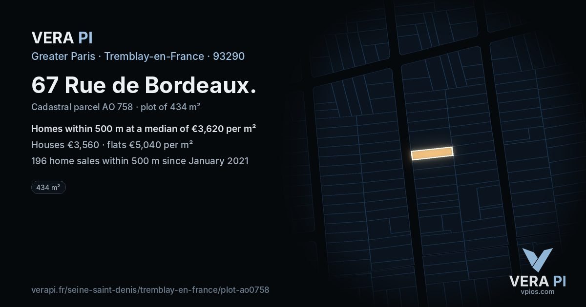 67 Rue de Bordeaux, Tremblay-en-France at night – the plot lit, the parcels around coloured by the prices near them