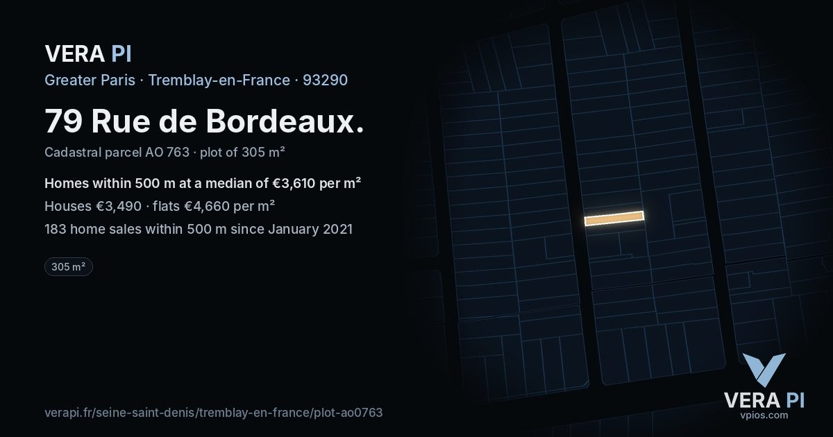 79 Rue de Bordeaux, Tremblay-en-France at night – the plot lit, the parcels around coloured by the prices near them