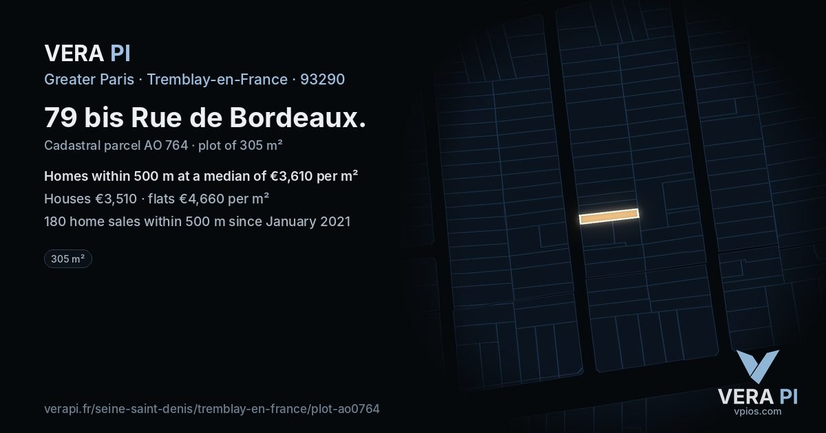 79 bis Rue de Bordeaux, Tremblay-en-France at night – the plot lit, the parcels around coloured by the prices near them
