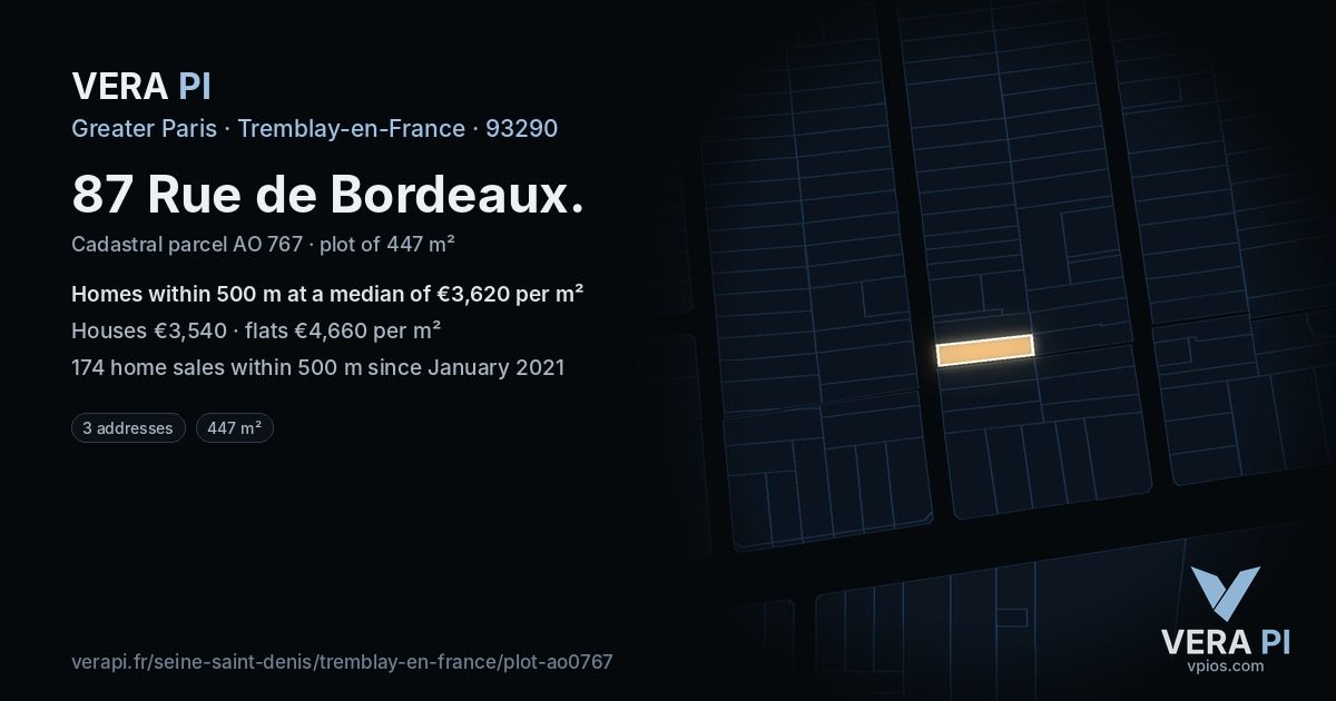 87 Rue de Bordeaux, Tremblay-en-France at night – the plot lit, the parcels around coloured by the prices near them