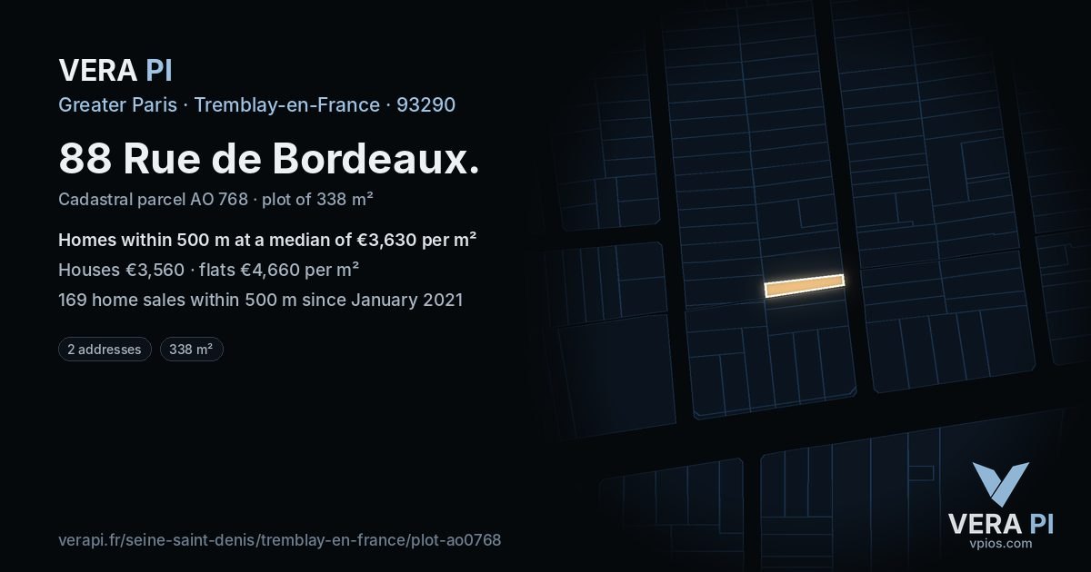 88 Rue de Bordeaux, Tremblay-en-France at night – the plot lit, the parcels around coloured by the prices near them