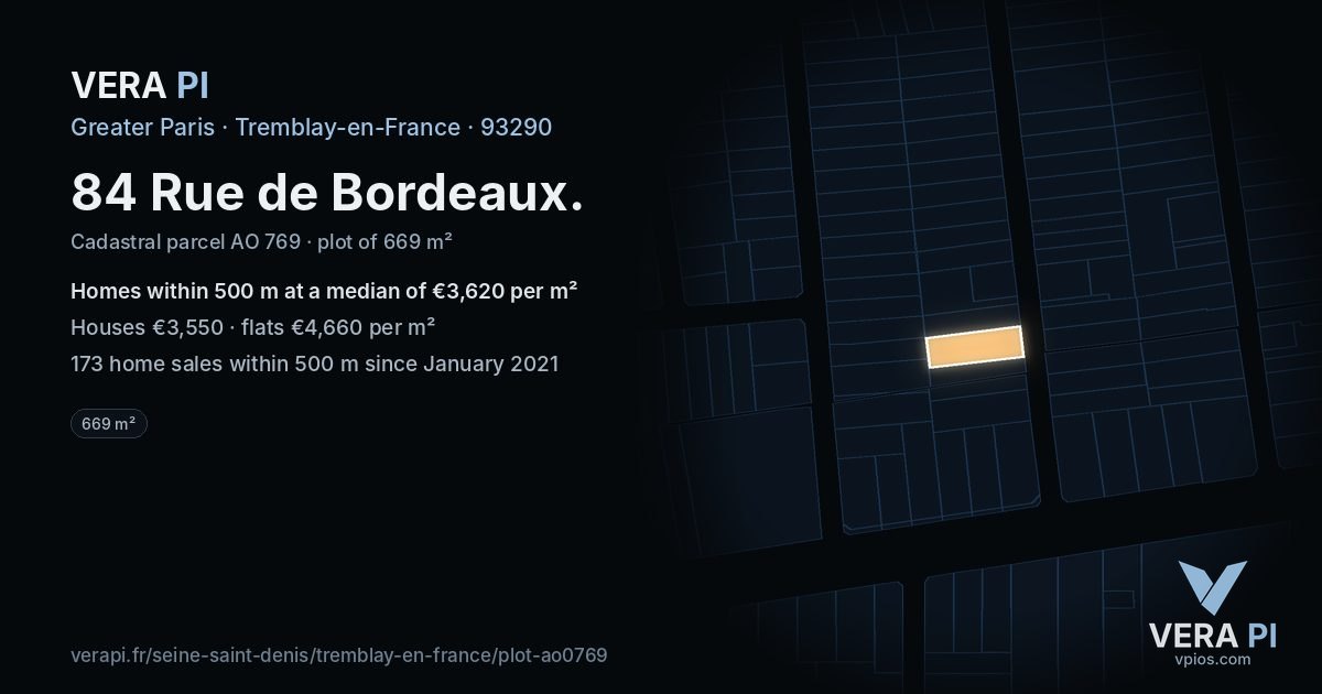 84 Rue de Bordeaux, Tremblay-en-France at night – the plot lit, the parcels around coloured by the prices near them
