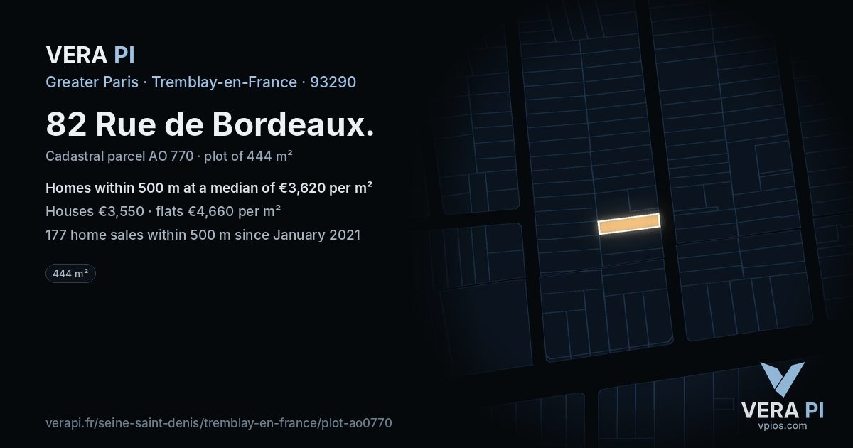 82 Rue de Bordeaux, Tremblay-en-France at night – the plot lit, the parcels around coloured by the prices near them