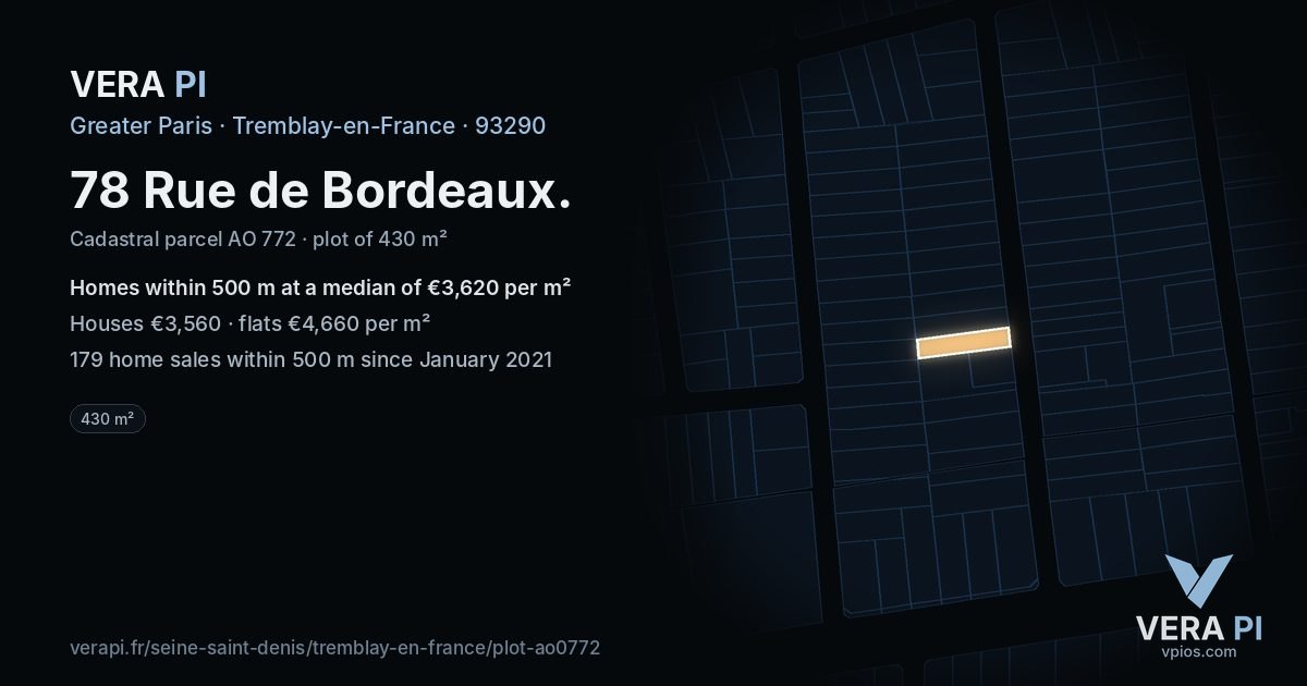 78 Rue de Bordeaux, Tremblay-en-France at night – the plot lit, the parcels around coloured by the prices near them