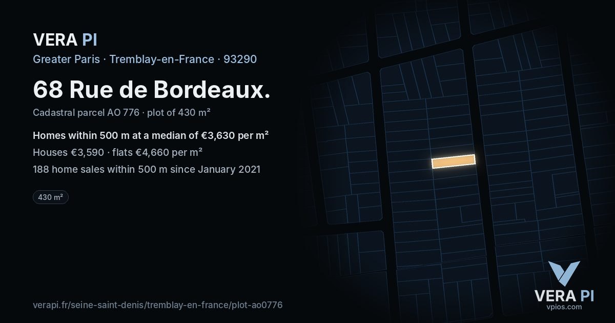 68 Rue de Bordeaux, Tremblay-en-France at night – the plot lit, the parcels around coloured by the prices near them