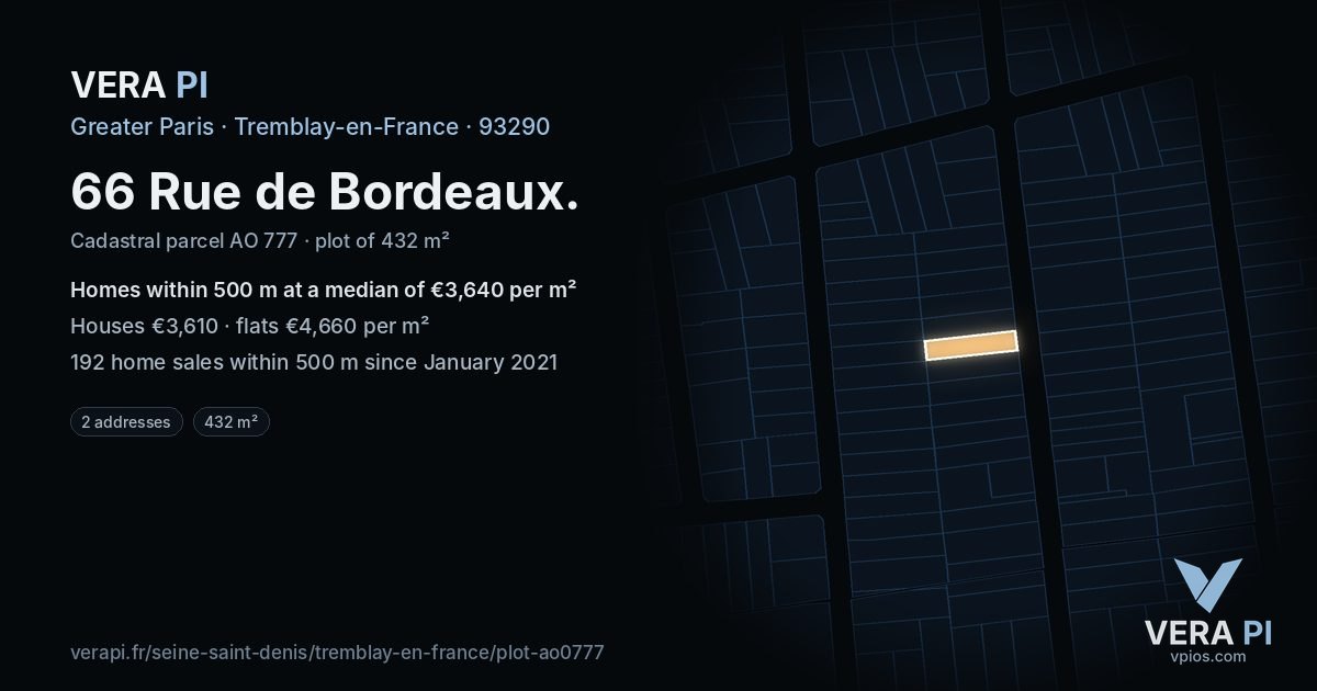 66 Rue de Bordeaux, Tremblay-en-France at night – the plot lit, the parcels around coloured by the prices near them