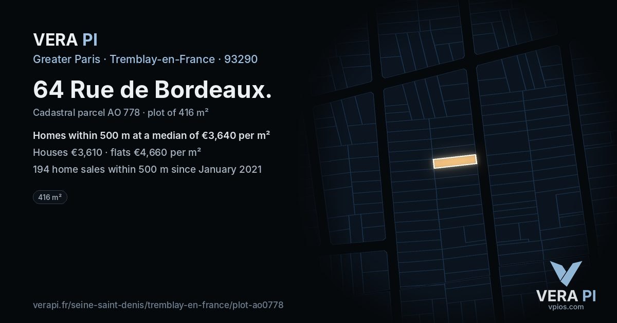 64 Rue de Bordeaux, Tremblay-en-France at night – the plot lit, the parcels around coloured by the prices near them