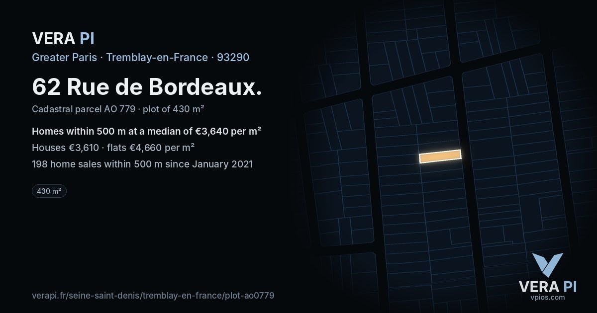 62 Rue de Bordeaux, Tremblay-en-France at night – the plot lit, the parcels around coloured by the prices near them