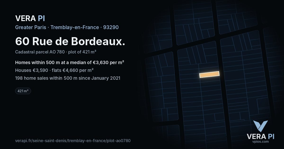 60 Rue de Bordeaux, Tremblay-en-France at night – the plot lit, the parcels around coloured by the prices near them