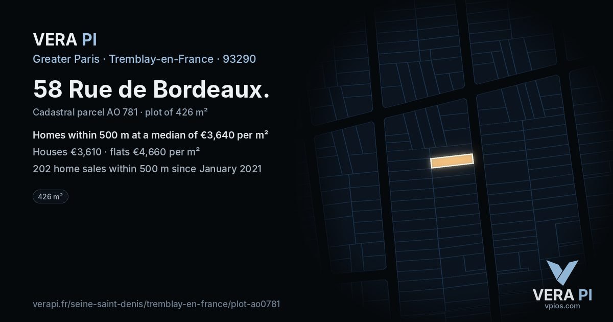 58 Rue de Bordeaux, Tremblay-en-France at night – the plot lit, the parcels around coloured by the prices near them