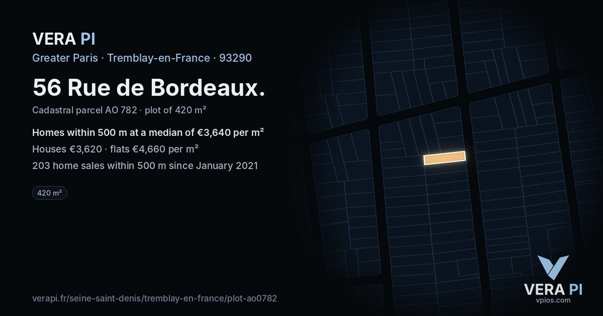 56 Rue de Bordeaux, Tremblay-en-France at night – the plot lit, the parcels around coloured by the prices near them