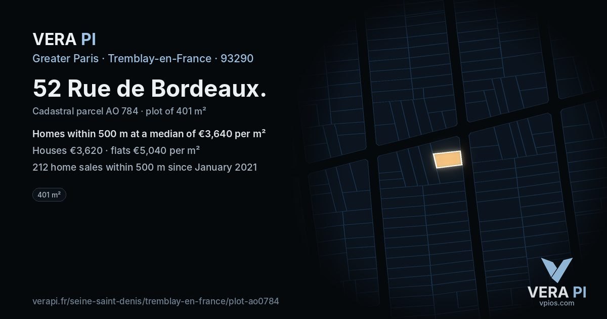 52 Rue de Bordeaux, Tremblay-en-France at night – the plot lit, the parcels around coloured by the prices near them