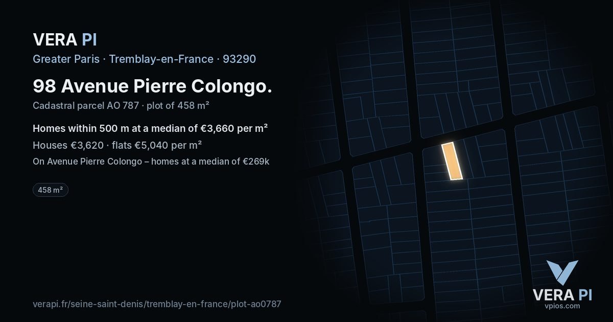 98 Avenue Pierre Colongo, Tremblay-en-France at night – the plot lit, the parcels around coloured by the prices near them