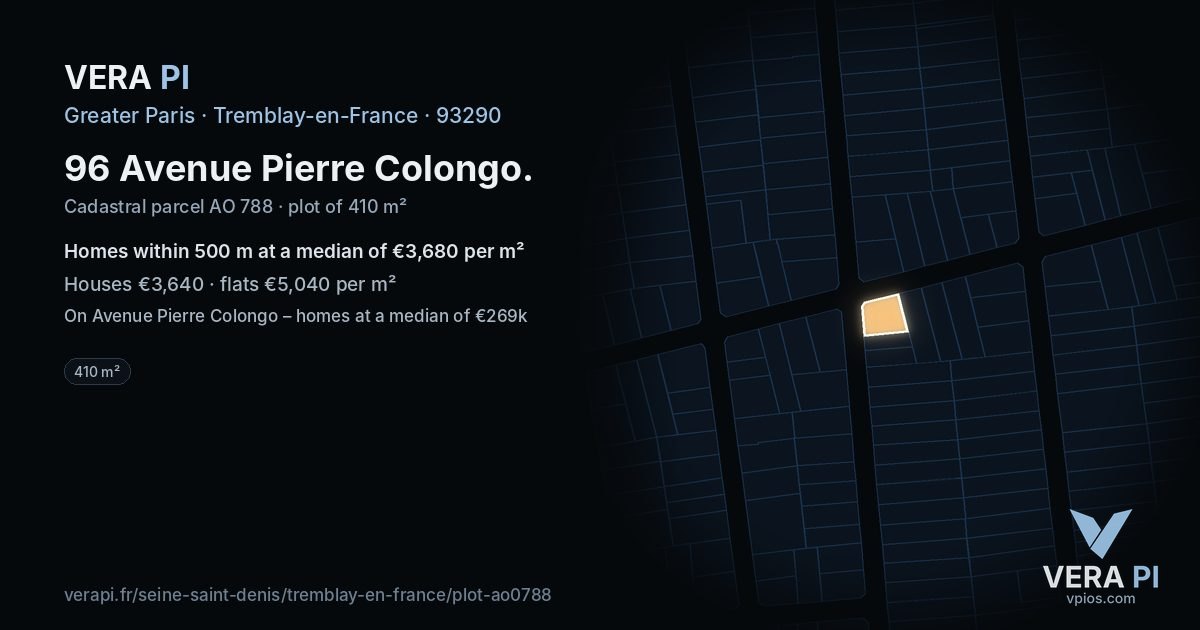 96 Avenue Pierre Colongo, Tremblay-en-France at night – the plot lit, the parcels around coloured by the prices near them