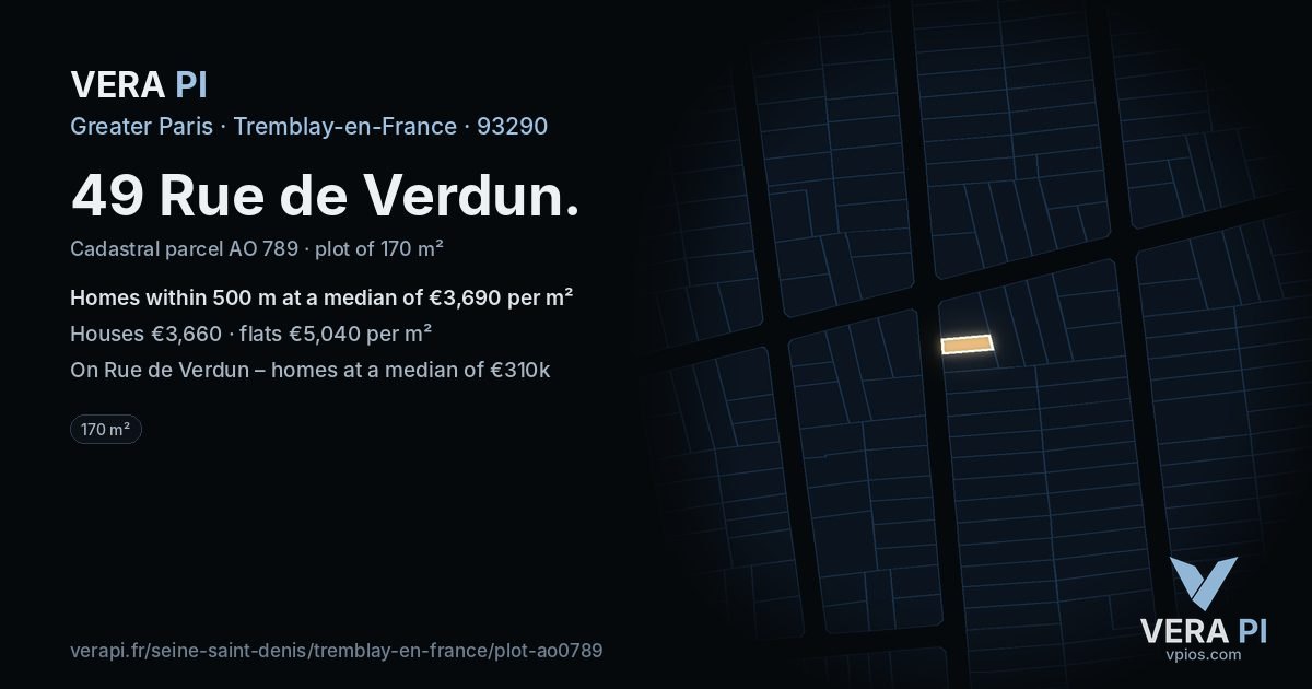 49 Rue de Verdun, Tremblay-en-France at night – the plot lit, the parcels around coloured by the prices near them