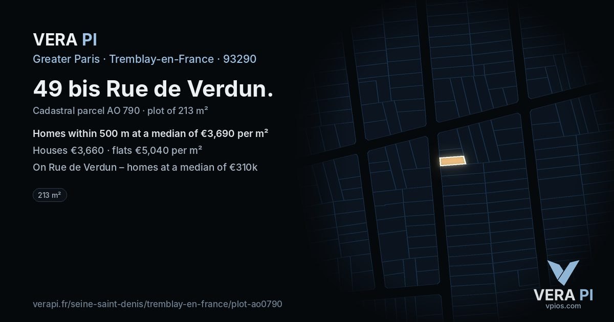 49 bis Rue de Verdun, Tremblay-en-France at night – the plot lit, the parcels around coloured by the prices near them