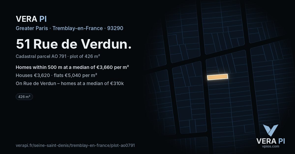 51 Rue de Verdun, Tremblay-en-France at night – the plot lit, the parcels around coloured by the prices near them