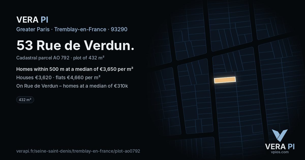 53 Rue de Verdun, Tremblay-en-France at night – the plot lit, the parcels around coloured by the prices near them