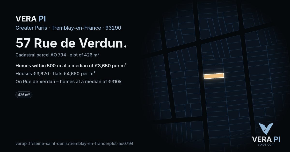 57 Rue de Verdun, Tremblay-en-France at night – the plot lit, the parcels around coloured by the prices near them