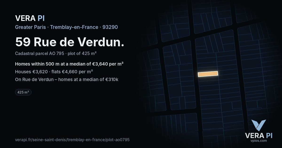 59 Rue de Verdun, Tremblay-en-France at night – the plot lit, the parcels around coloured by the prices near them