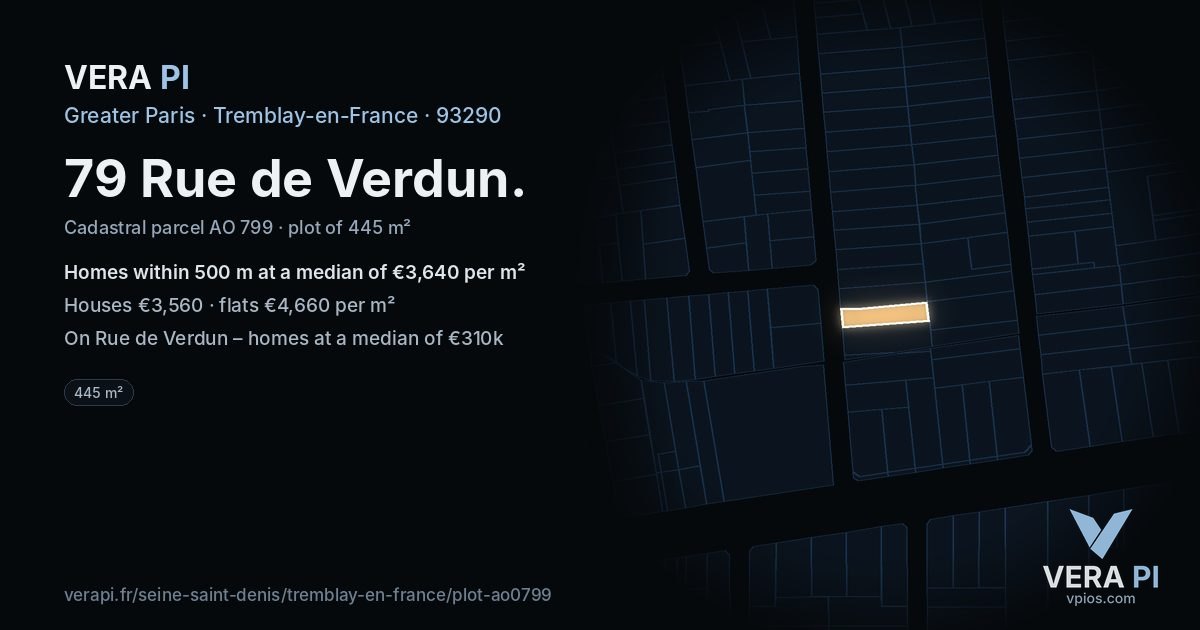 79 Rue de Verdun, Tremblay-en-France at night – the plot lit, the parcels around coloured by the prices near them