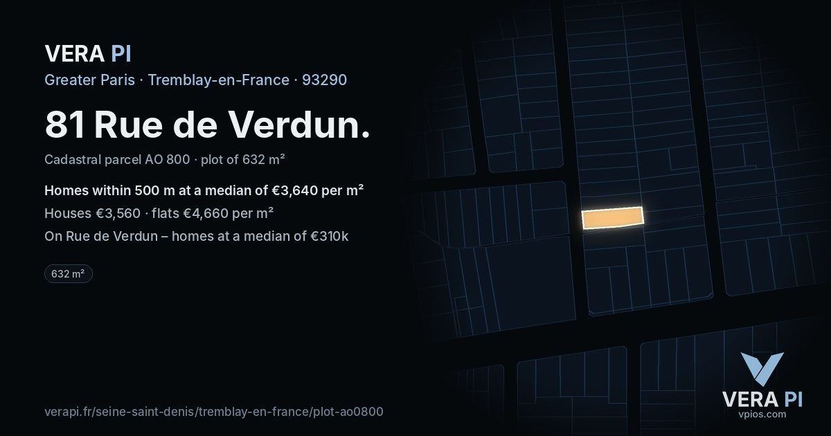 81 Rue de Verdun, Tremblay-en-France at night – the plot lit, the parcels around coloured by the prices near them
