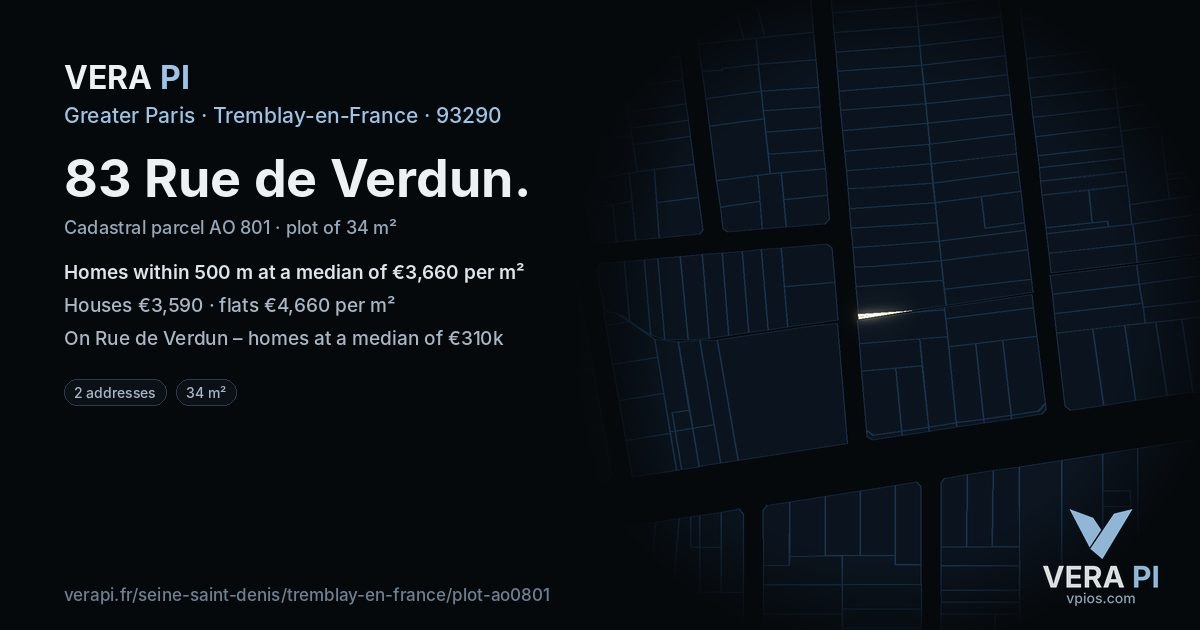 83 Rue de Verdun, Tremblay-en-France at night – the plot lit, the parcels around coloured by the prices near them