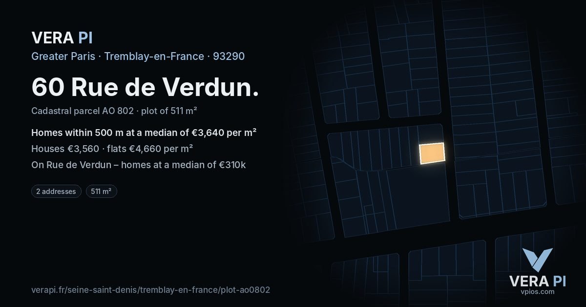 60 Rue de Verdun, Tremblay-en-France at night – the plot lit, the parcels around coloured by the prices near them