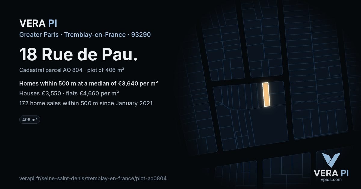 18 Rue de Pau, Tremblay-en-France at night – the plot lit, the parcels around coloured by the prices near them