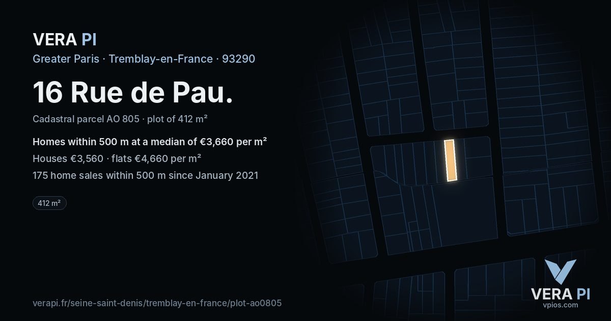 16 Rue de Pau, Tremblay-en-France at night – the plot lit, the parcels around coloured by the prices near them