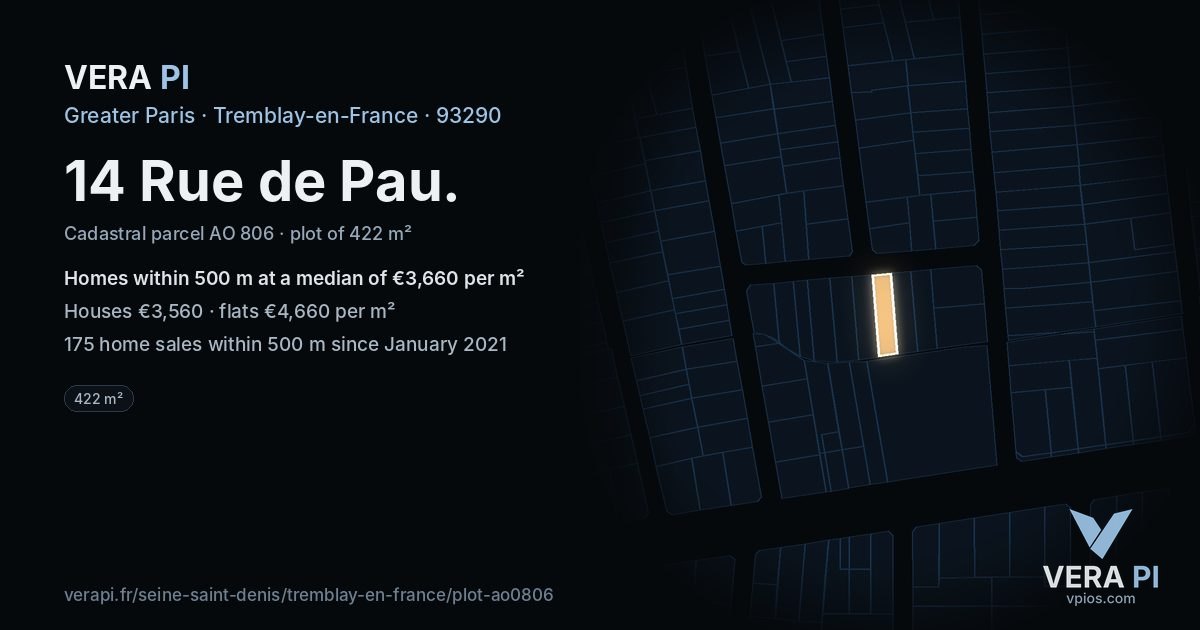 14 Rue de Pau, Tremblay-en-France at night – the plot lit, the parcels around coloured by the prices near them