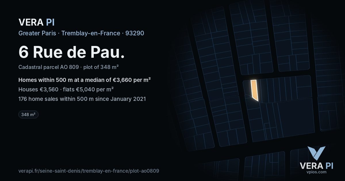6 Rue de Pau, Tremblay-en-France at night – the plot lit, the parcels around coloured by the prices near them
