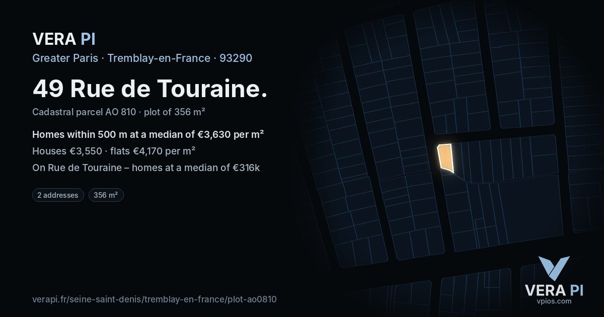49 Rue de Touraine, Tremblay-en-France at night – the plot lit, the parcels around coloured by the prices near them