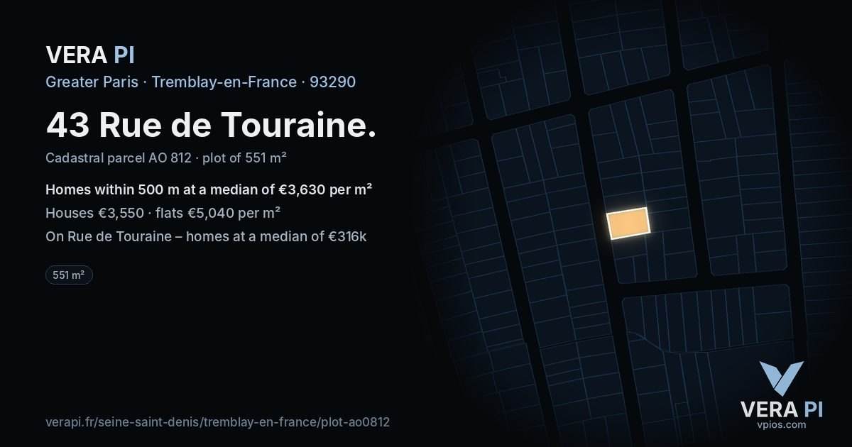 43 Rue de Touraine, Tremblay-en-France at night – the plot lit, the parcels around coloured by the prices near them