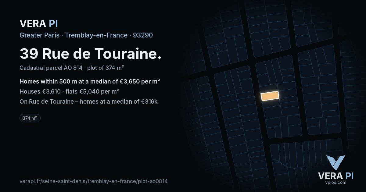 39 Rue de Touraine, Tremblay-en-France at night – the plot lit, the parcels around coloured by the prices near them