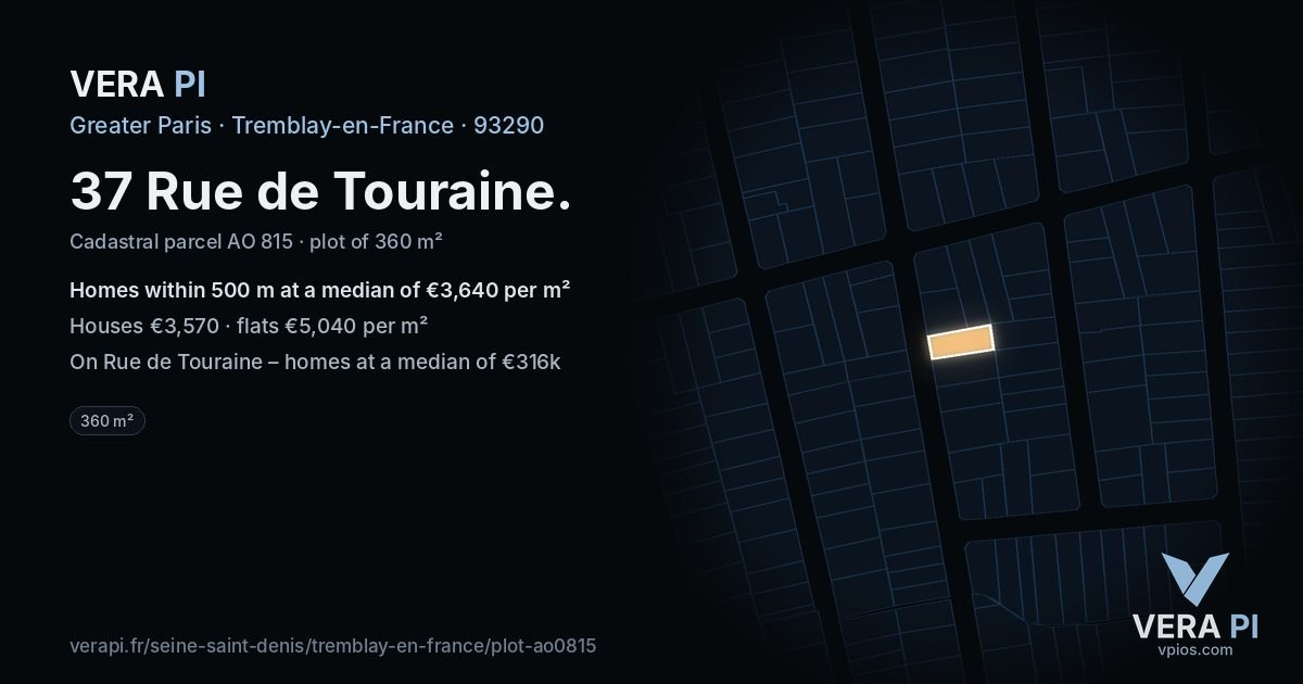 37 Rue de Touraine, Tremblay-en-France at night – the plot lit, the parcels around coloured by the prices near them