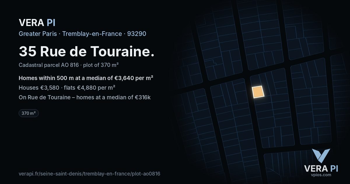 35 Rue de Touraine, Tremblay-en-France at night – the plot lit, the parcels around coloured by the prices near them
