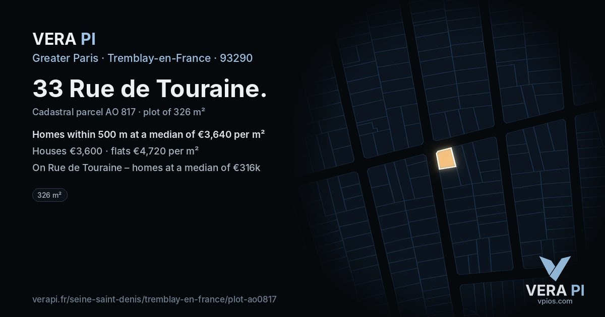 33 Rue de Touraine, Tremblay-en-France at night – the plot lit, the parcels around coloured by the prices near them