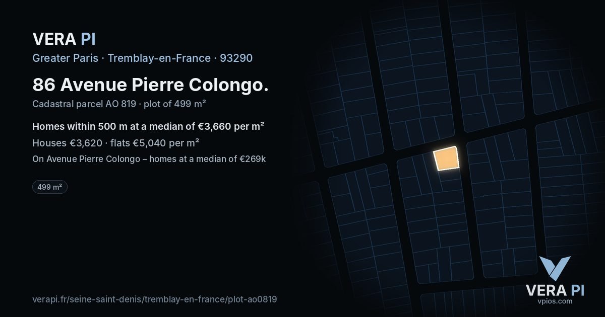 86 Avenue Pierre Colongo, Tremblay-en-France at night – the plot lit, the parcels around coloured by the prices near them