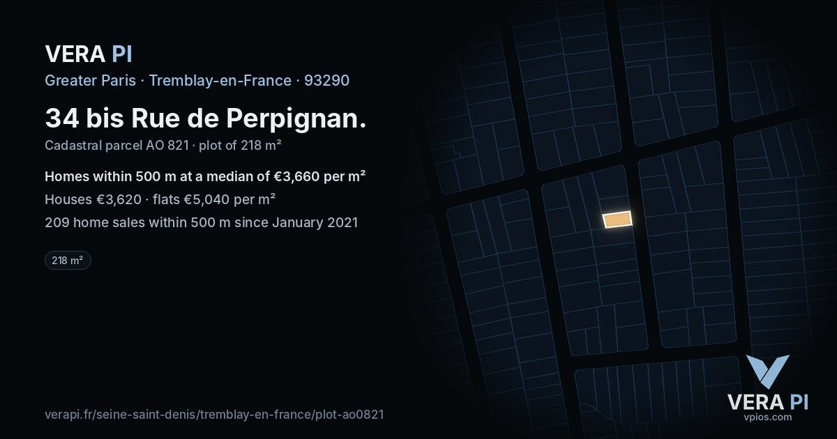 34 bis Rue de Perpignan, Tremblay-en-France at night – the plot lit, the parcels around coloured by the prices near them