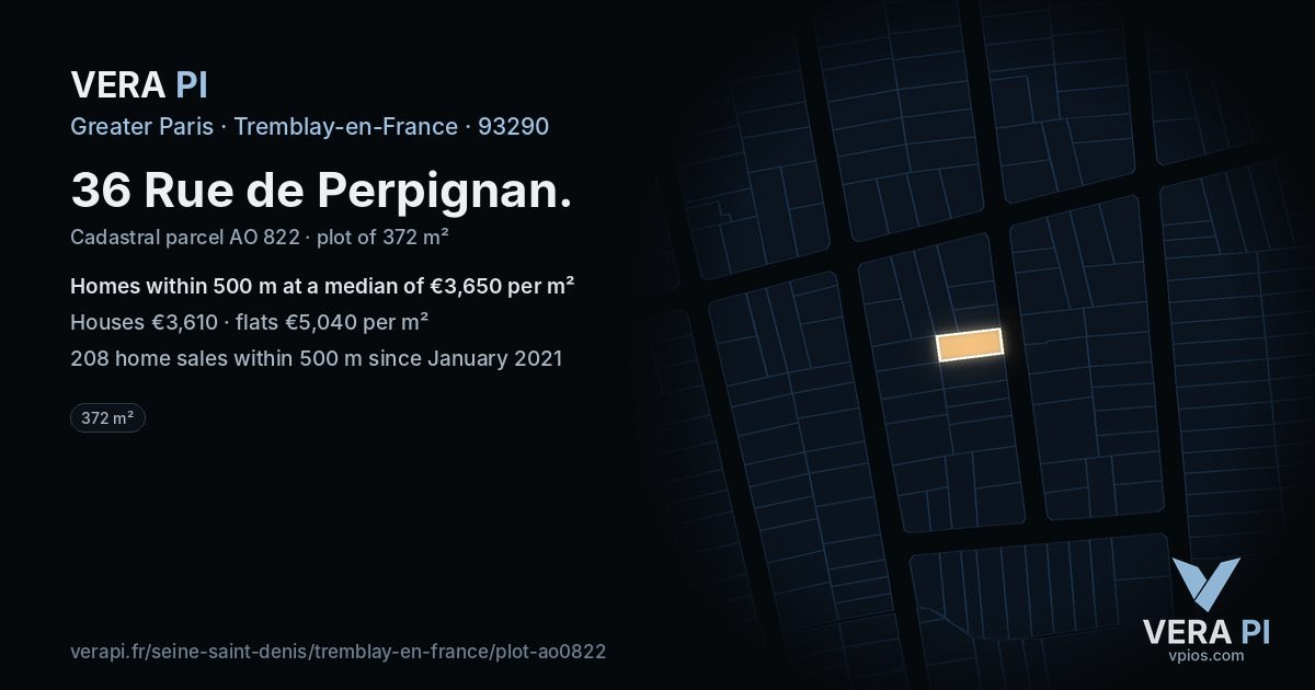 36 Rue de Perpignan, Tremblay-en-France at night – the plot lit, the parcels around coloured by the prices near them